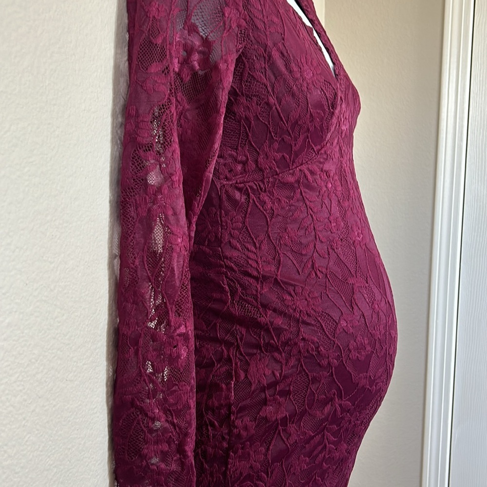 Pinkblush Plum Maroon Burgundy Long Sleeve Lace V-Neck Maternity Fitted Dress - Picture 7 of 12